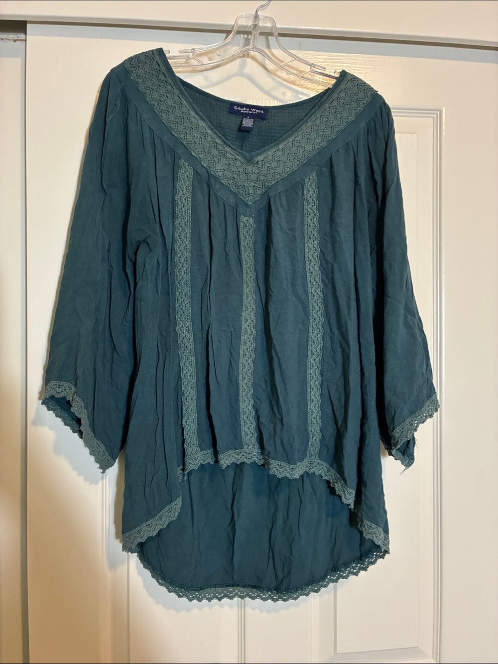 Studio West Teal V-Neck Lace-Trim Tunic